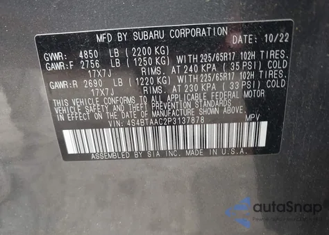 2023 Subaru Outback из США, поврежденный, VIN 4S4BTAAC2P3137878